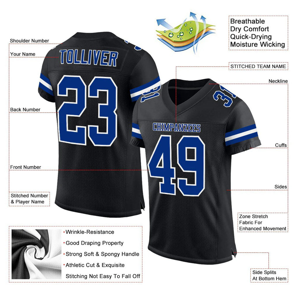 Product details of Custom Black Royal-White Mesh Football Jersey showing stitched logos, fabric and customization options