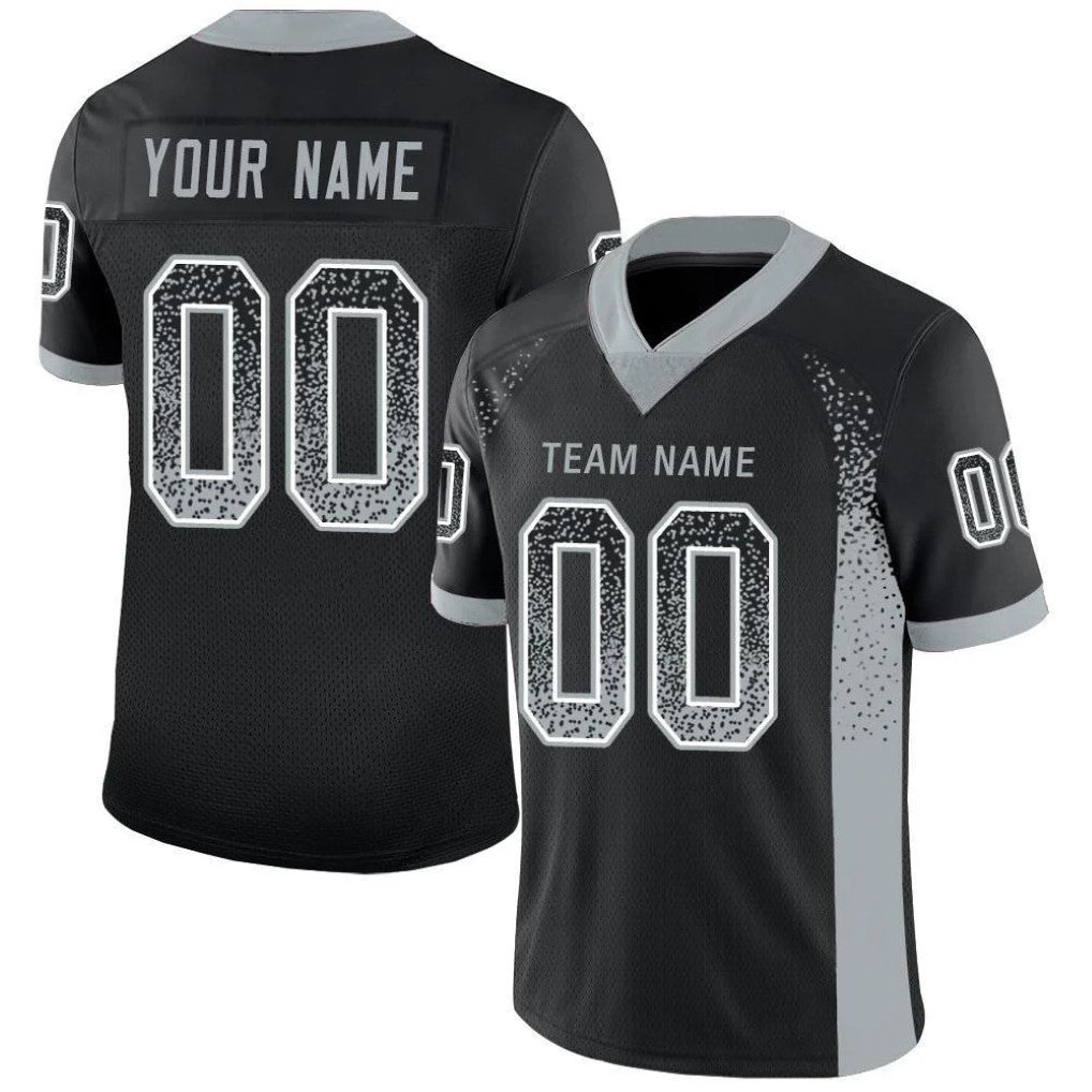 Angled view of Custom Black Silver-White Drift Football Jersey – Designed By Athletrio