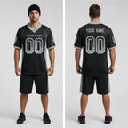 Front and back view of Custom Black Silver-White Drift Football Jersey with Personalized Name and Number – Athletrio