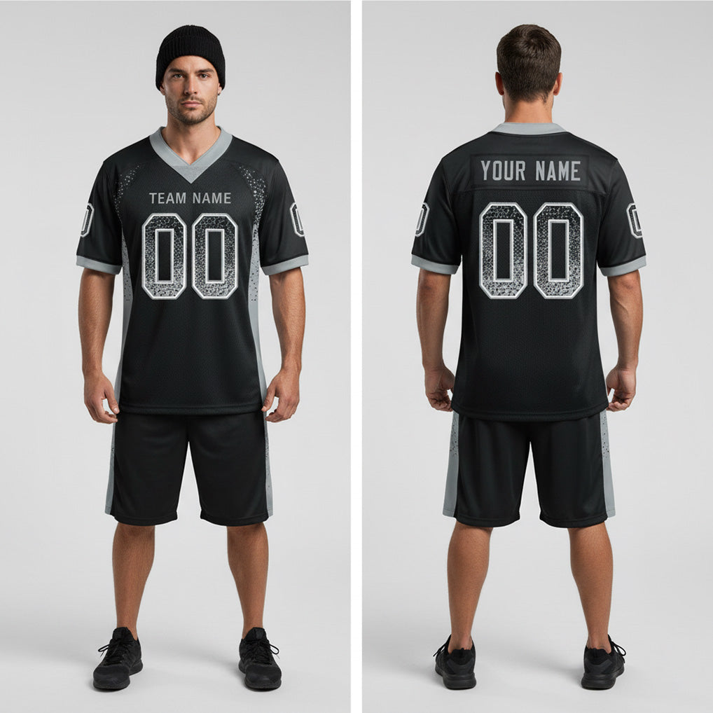Front and back view of Custom Black Silver-White Drift Football Jersey with Personalized Name and Number – Athletrio