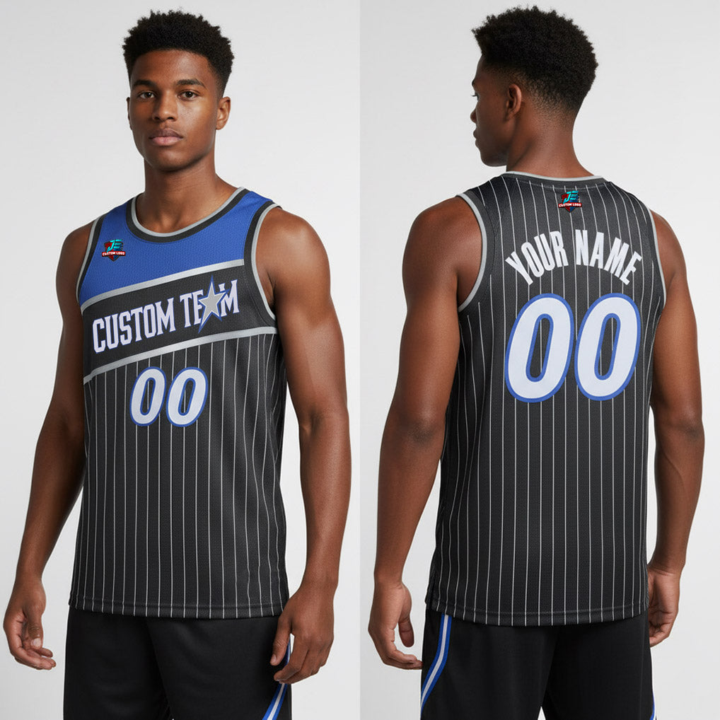 Front and back view of Custom Black Swingman Basketball Jersey with Personalized Name and Number – Athletrio