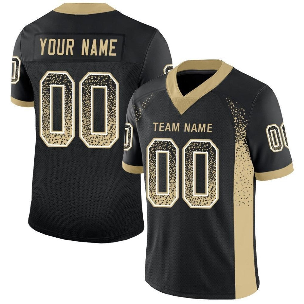 Angled view of Custom Black Vegas Gold-White Drift Football Jersey – Designed By Athletrio