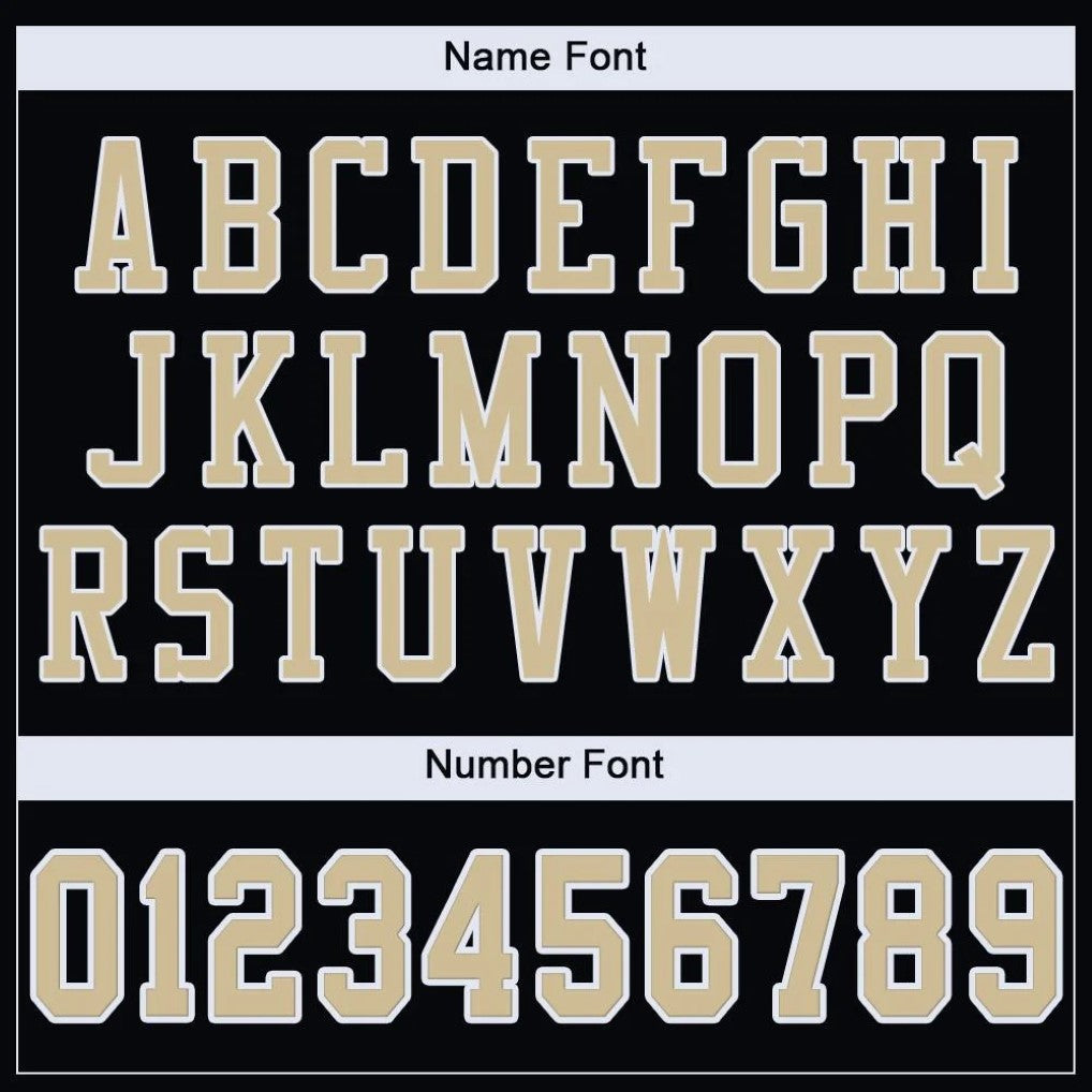 Player name and number font options for Custom Black Vegas Gold-White Mesh Football Jersey