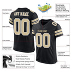Product details of Custom Black Vegas Gold-White Mesh Football Jersey showing stitched logos, fabric and customization options By Athletrio