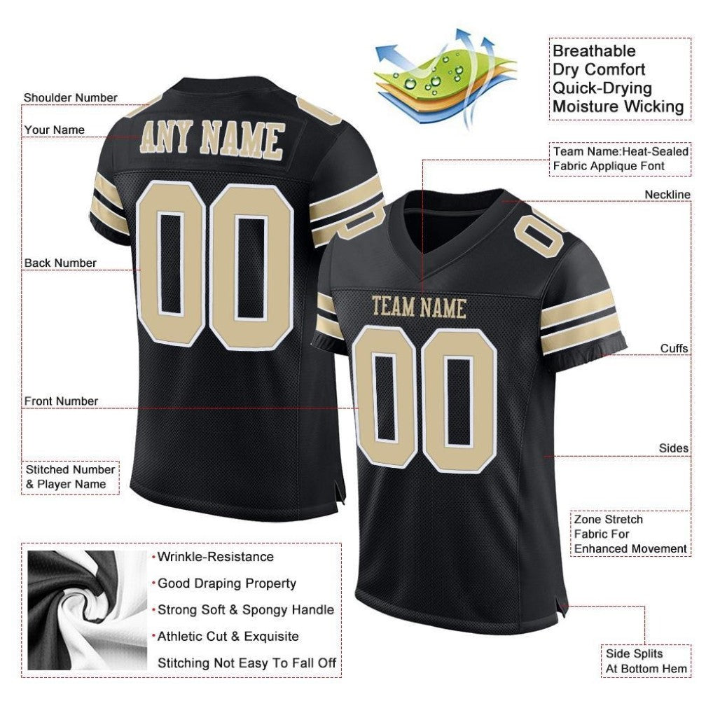 Product details of Custom Black Vegas Gold-White Mesh Football Jersey showing stitched logos, fabric and customization options By Athletrio