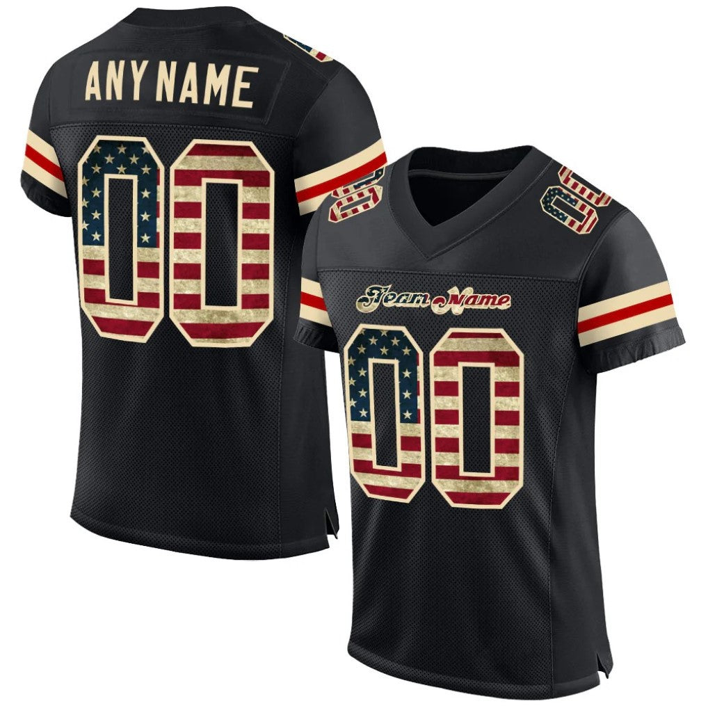 Angled view of Custom Black Vintage USA Flag-Cream Football Jersey – Designed By Athletrio