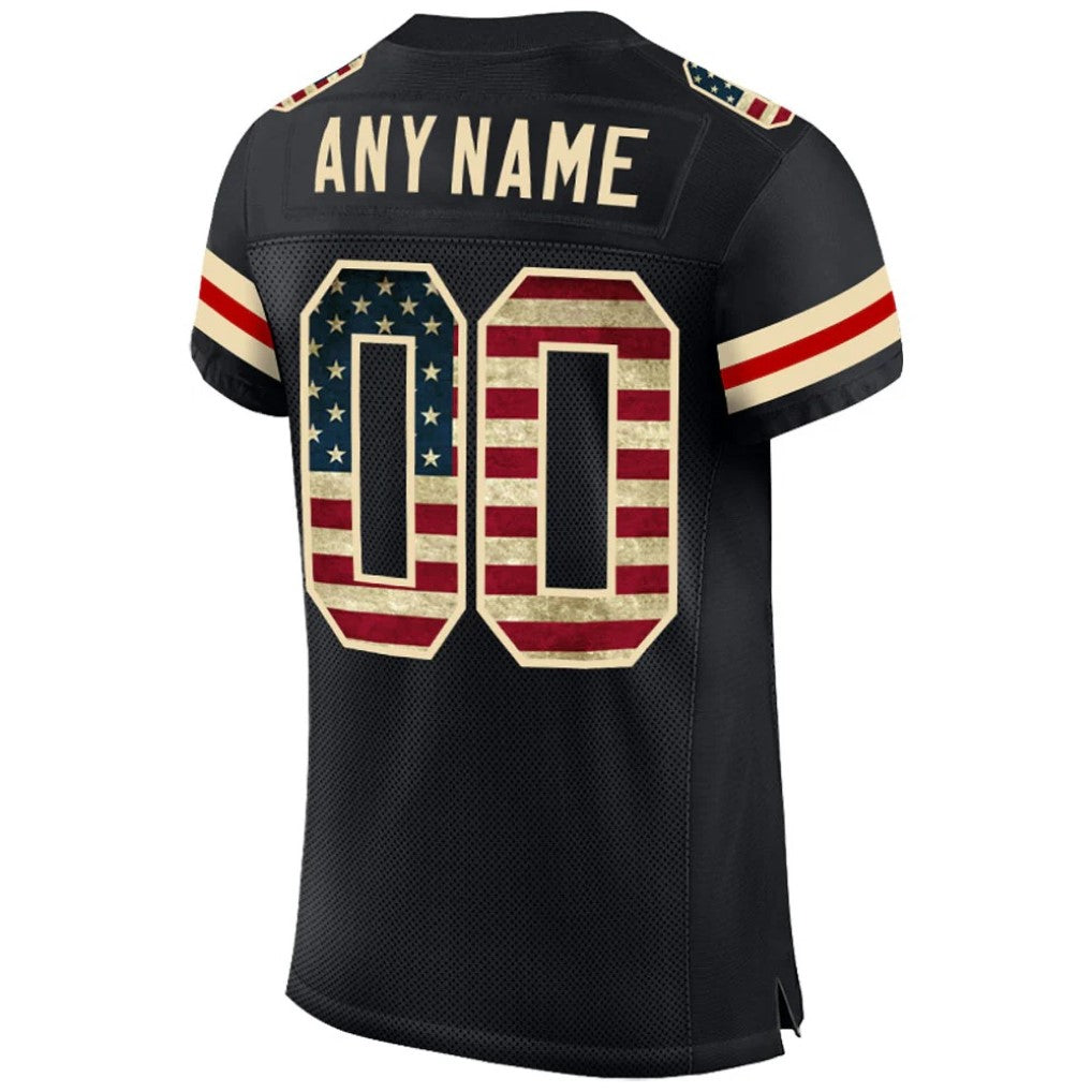 Back view of Custom Black Vintage USA Flag-Cream Football Jersey with Any Name and Number By Athletrio
