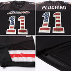 Product details stitched of Custom Black Vintage USA Flag-Cream Football Jersey showing stitched logos, fabric and customization options By Athletrio