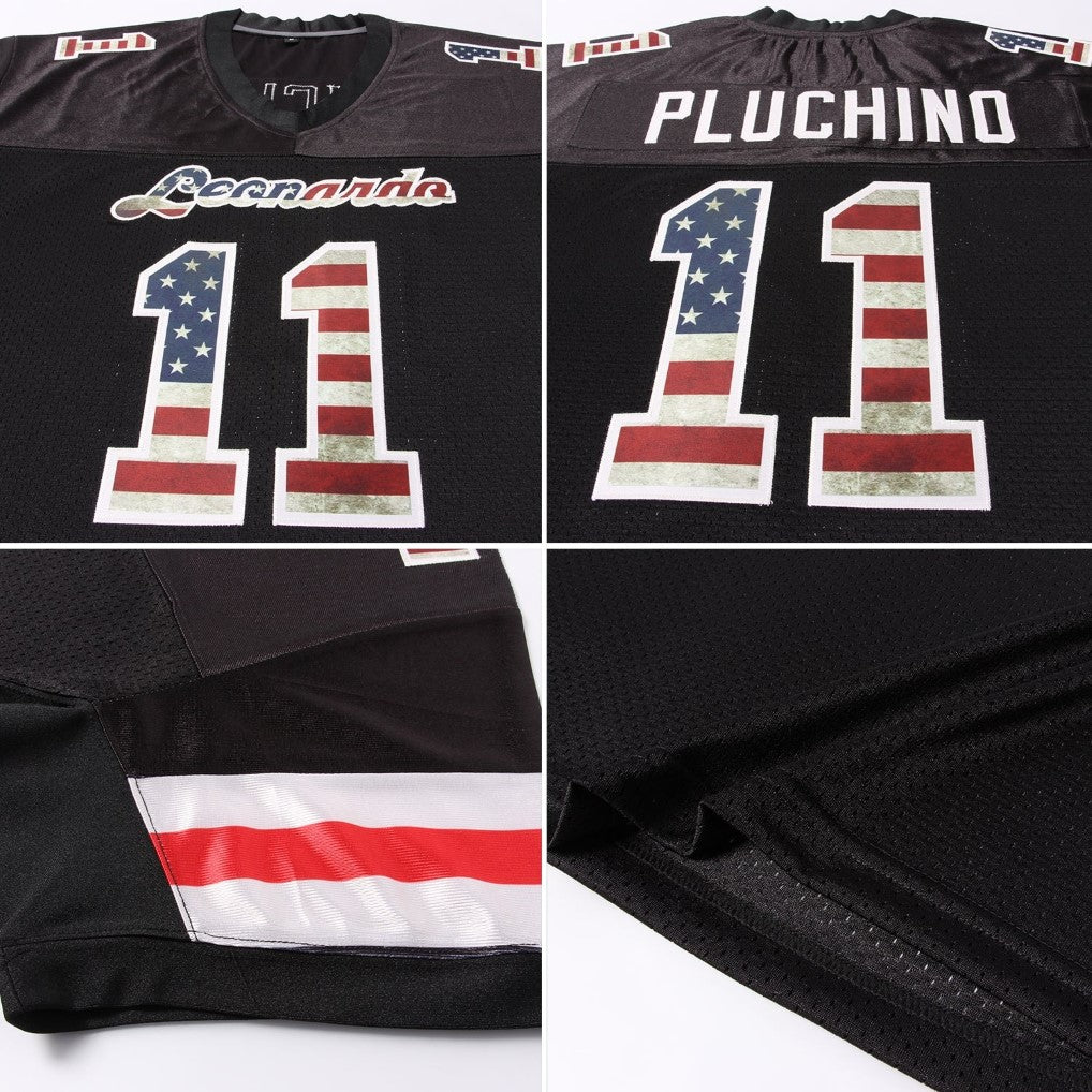 Product details stitched of Custom Black Vintage USA Flag-Cream Football Jersey showing stitched logos, fabric and customization options By Athletrio