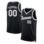 Angled view of Custom Black White-Gray Round Neck Basketball Jersey – Designed By Athletrio