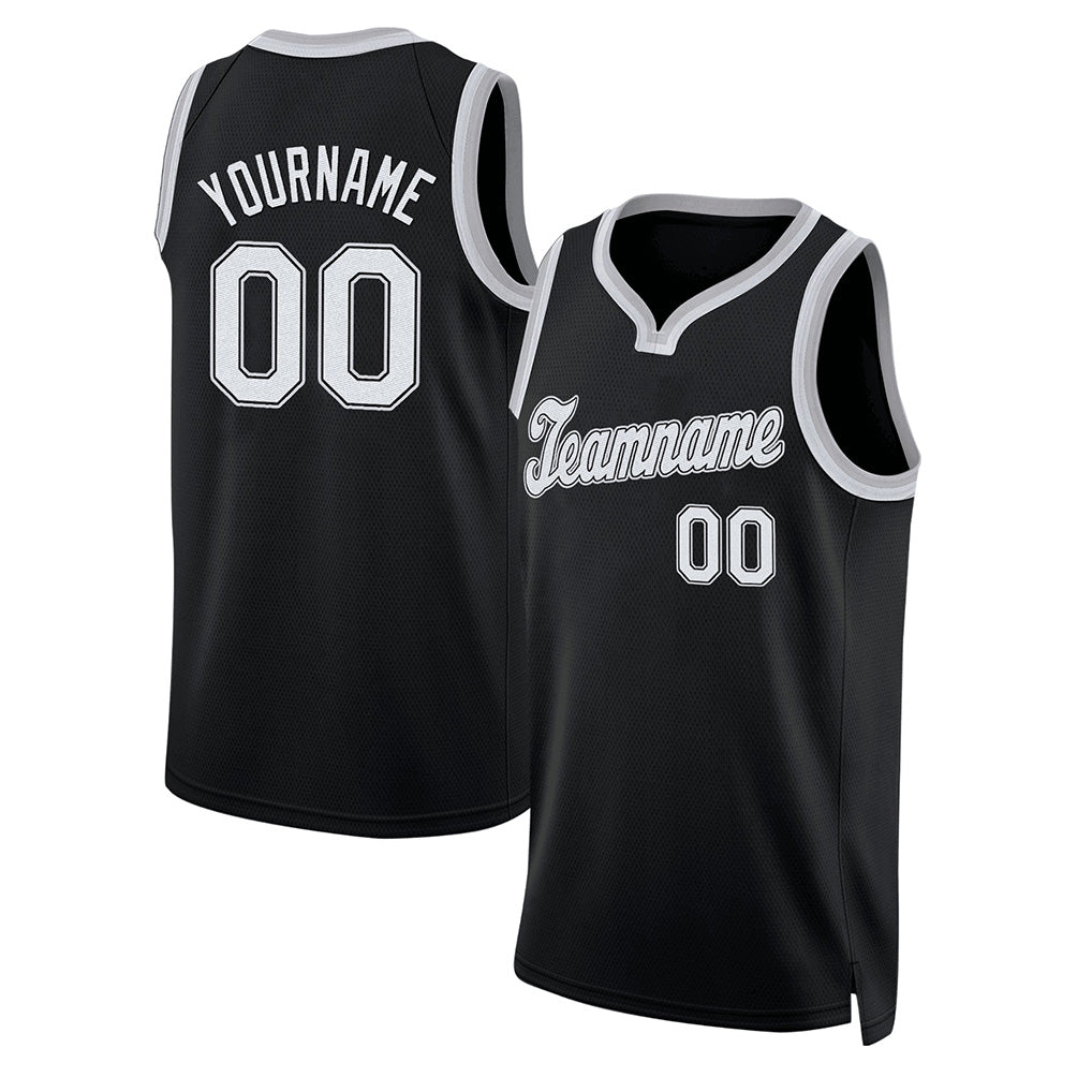 Angled view of Custom Black White-Gray Round Neck Basketball Jersey – Designed By Athletrio
