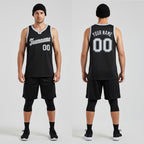 Front and back view of Custom Black White-Gray Round Neck Basketball Jersey with Personalized Name and Number – Athletrio