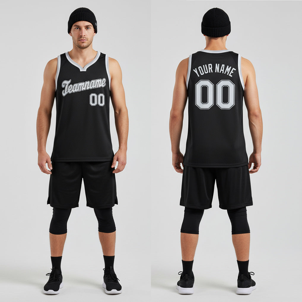 Front and back view of Custom Black White-Gray Round Neck Basketball Jersey with Personalized Name and Number – Athletrio