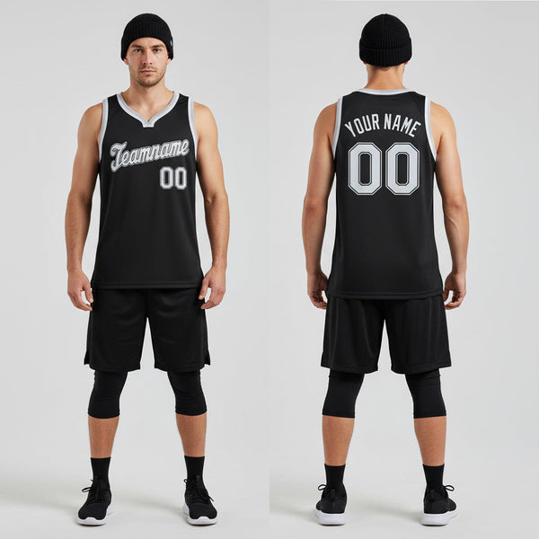 Front and back view of Custom Black White-Gray Round Neck Basketball Jersey with Personalized Name and Number – Athletrio