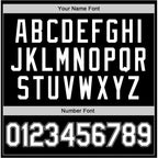 Player name and number font options for Custom Black White-Gray Round Neck Basketball Jersey