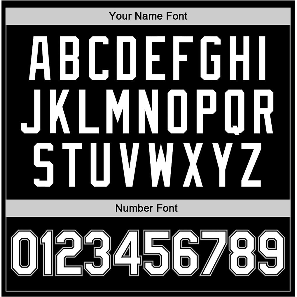 Player name and number font options for Custom Black White-Gray Round Neck Basketball Jersey