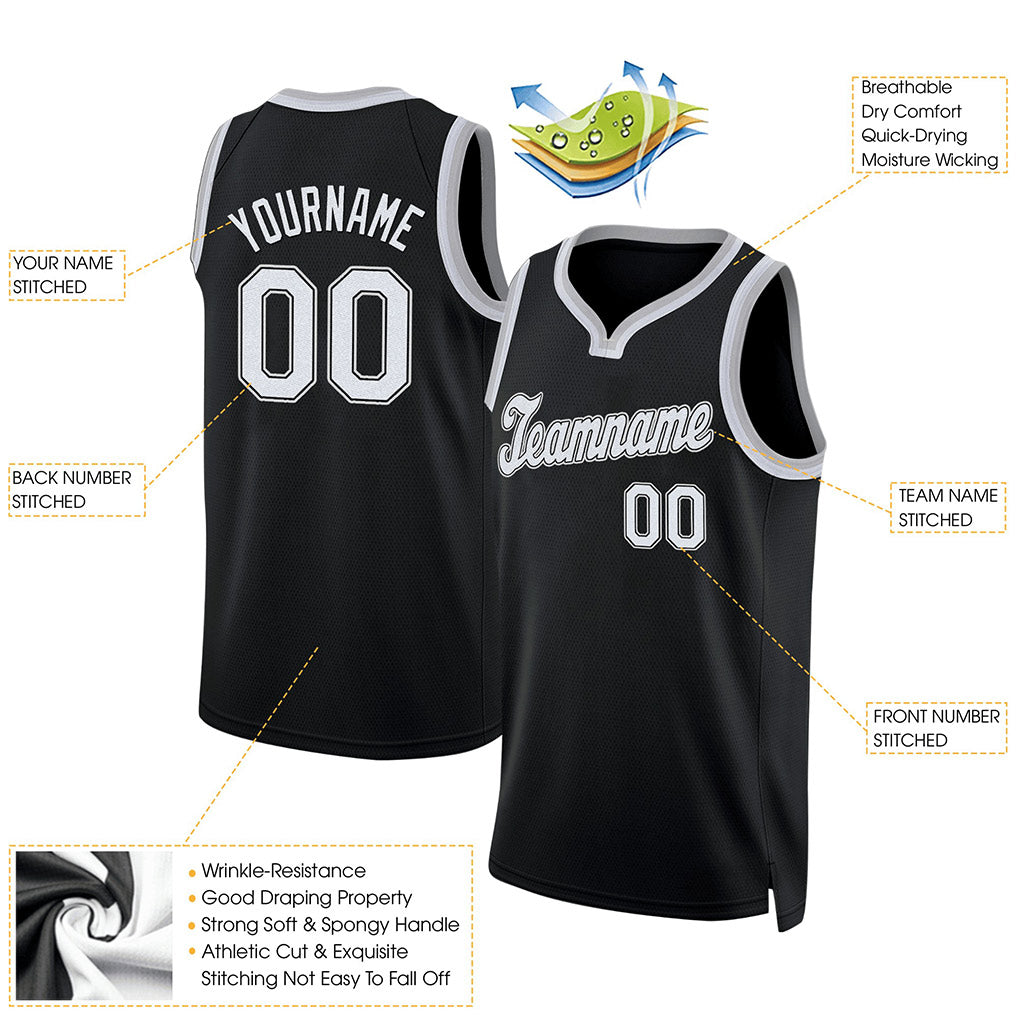 Product details of Custom Black White-Gray Round Neck Basketball Jersey showing stitched logos, fabric and customization options By Athletrio