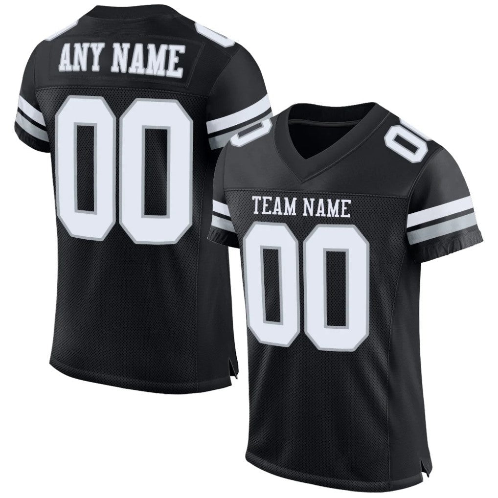 Angled view of Custom Black White-Silver Mesh Football Jersey – Designed By Athletrio