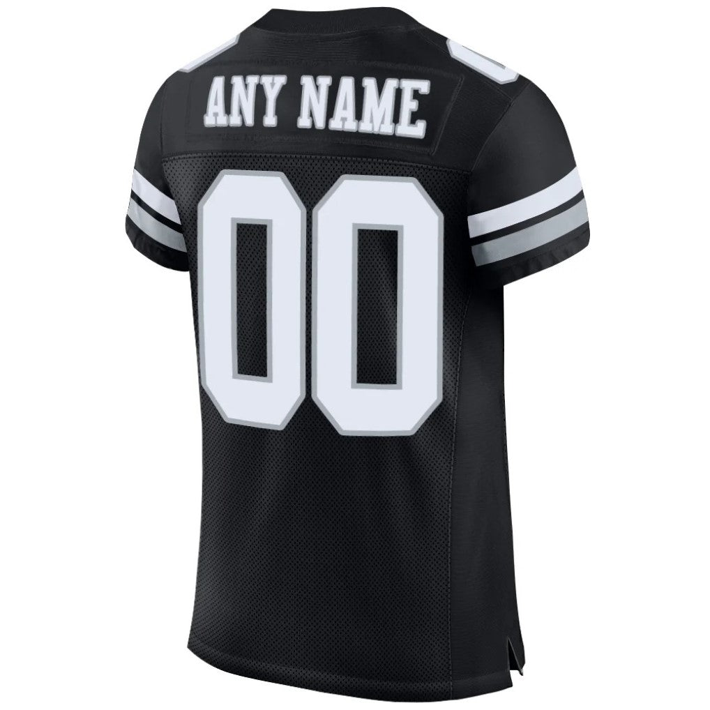 Back view of Custom Black White-Silver Mesh Football Jersey with Any Name and Number By Athletrio