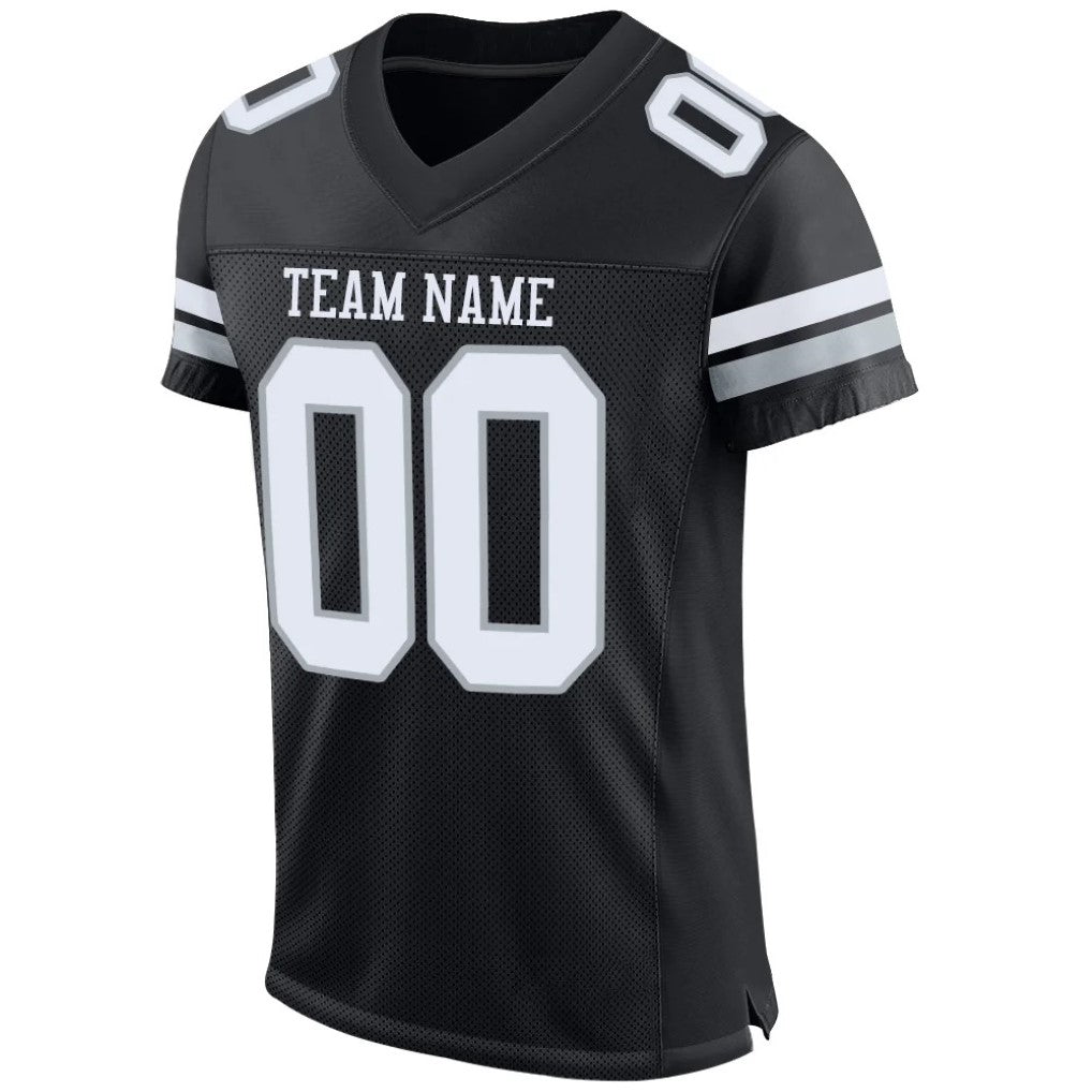 Close-up detail of Custom Black White-Silver Mesh Football Jersey Made By Athletrio