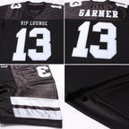 Product details stitched of Custom Black White-Silver Mesh Football Jersey showing stitched logos, fabric and customization options By Athletrio