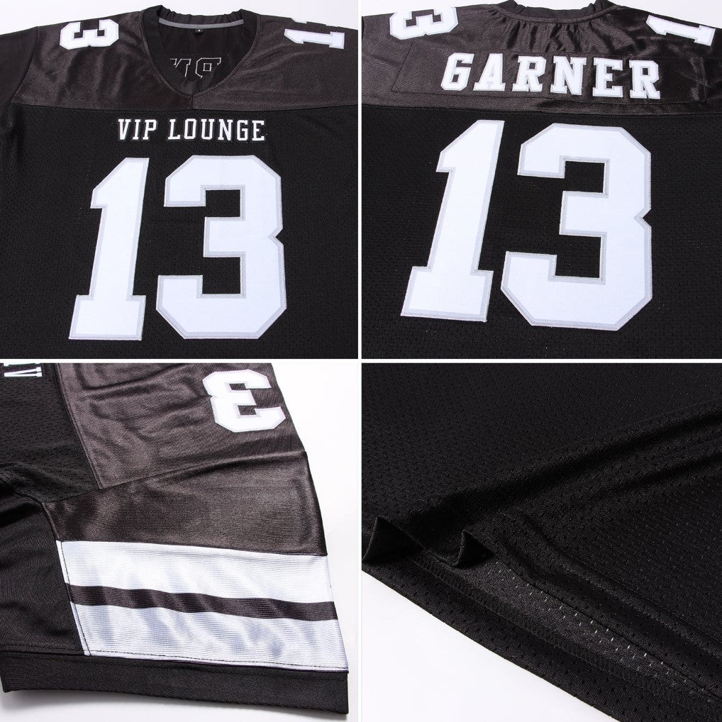 Product details stitched of Custom Black White-Silver Mesh Football Jersey showing stitched logos, fabric and customization options By Athletrio