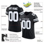 Product details of Custom Black White-Silver Mesh Football Jersey showing stitched logos, fabric and customization options By Athletrio