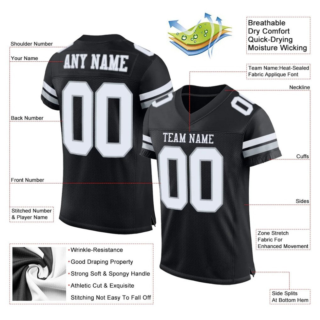 Product details of Custom Black White-Silver Mesh Football Jersey showing stitched logos, fabric and customization options By Athletrio