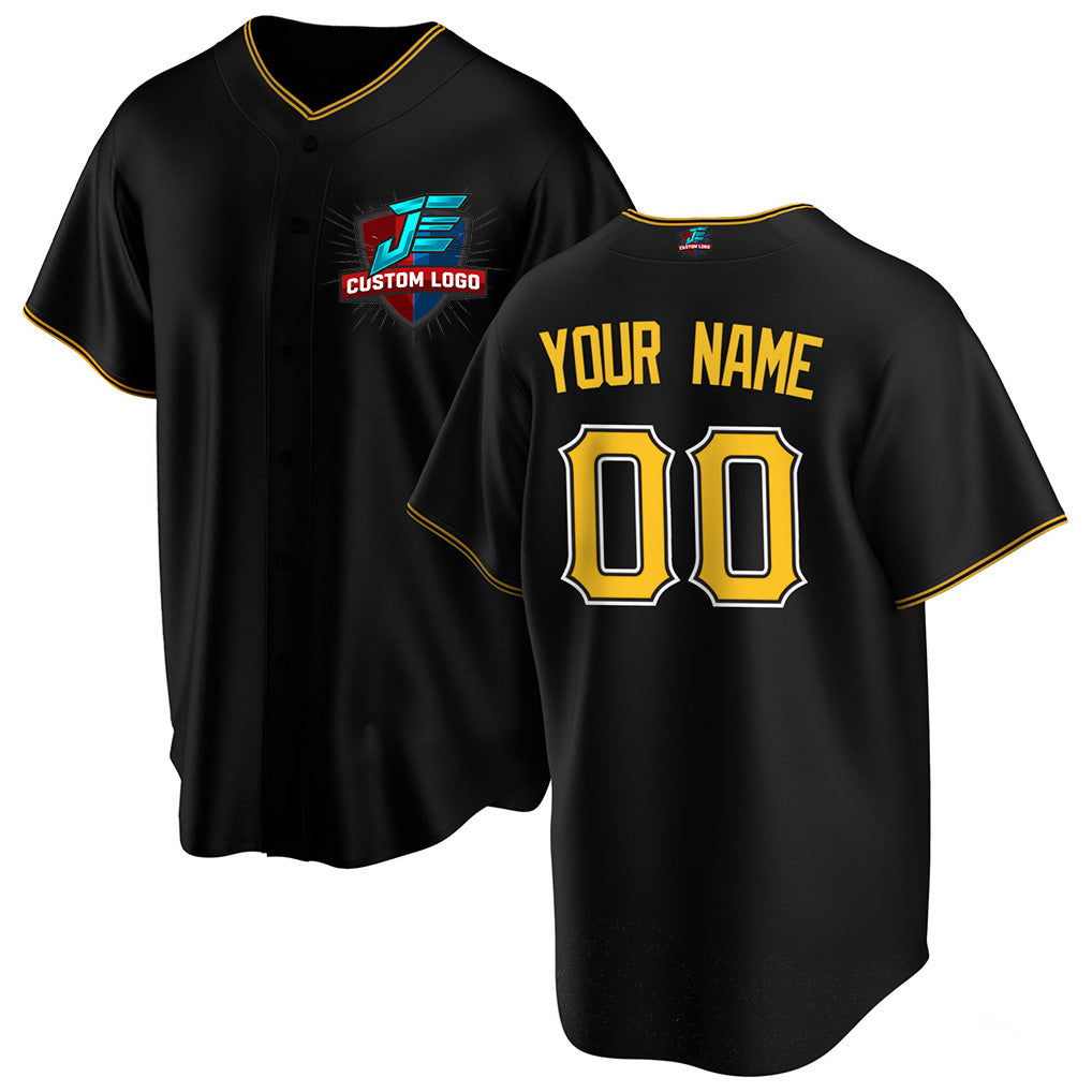 Angled view of Custom Black-Yellow Baseball Jersey – Designed By Athletrio