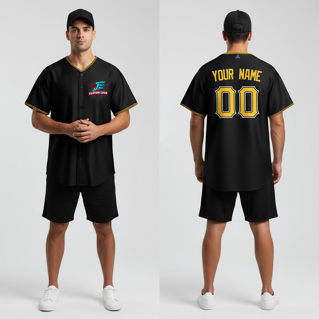 Front and back view of Custom Black-Yellow Baseball Jersey with Personalized Name and Number – Athletrio