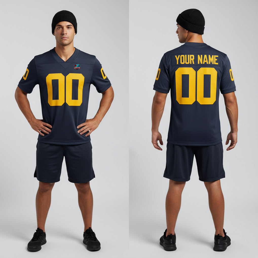 Front and back view of Custom Black-Yellow College Football Game Jersey with Personalized Name and Number – Athletrio