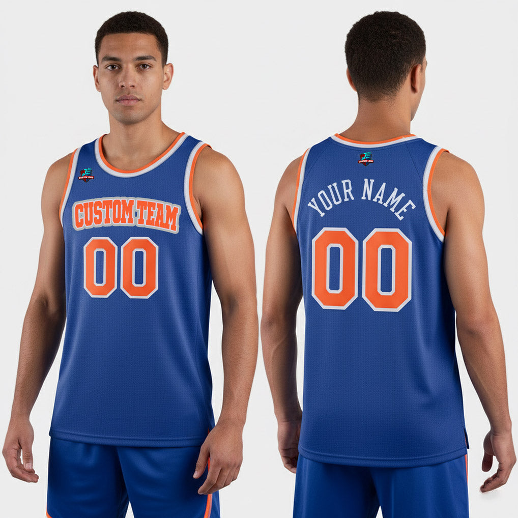 Front and back view of Custom Blue Swingman Basketball Jersey with Personalized Name and Number – Athletrio