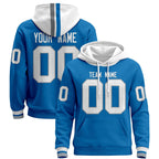Angled view of Custom Blue White Pullover Hoodie – Designed By Athletrio