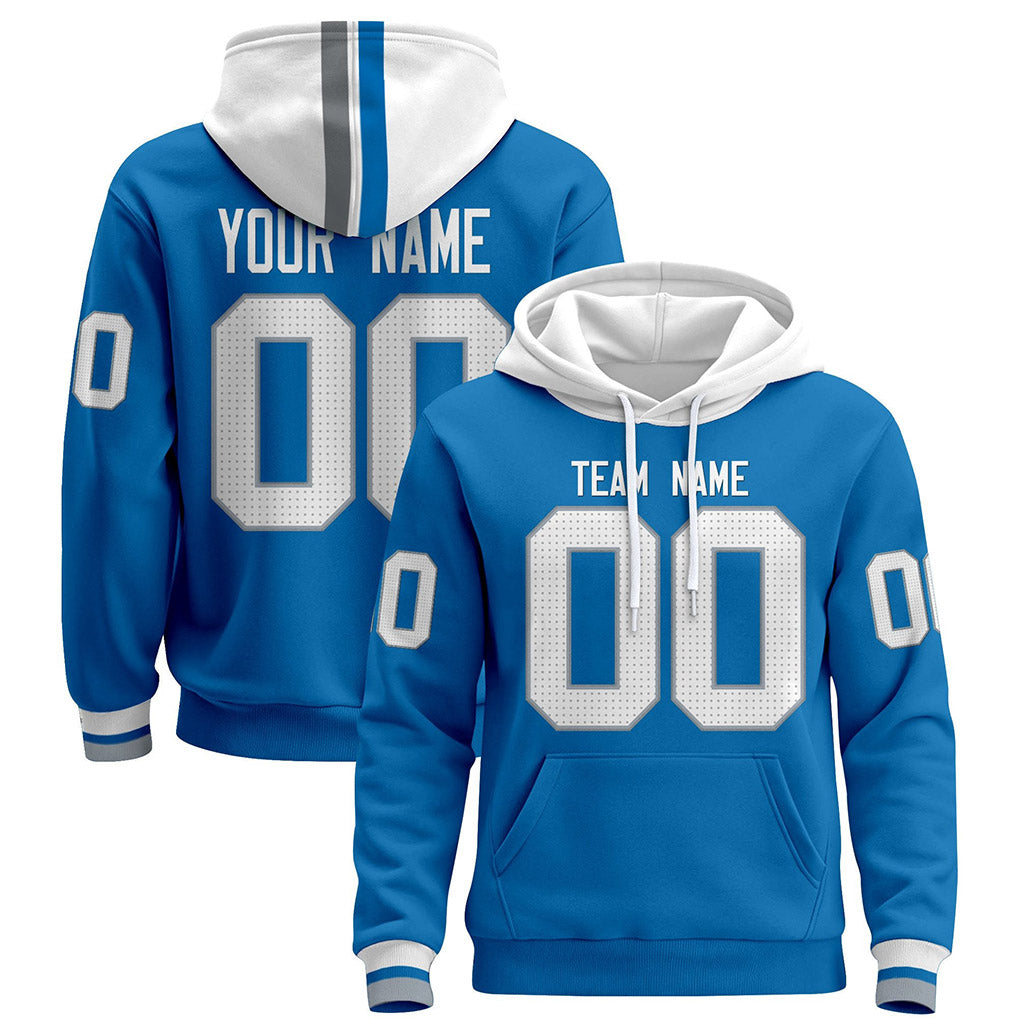 Angled view of Custom Blue White Pullover Hoodie – Designed By Athletrio