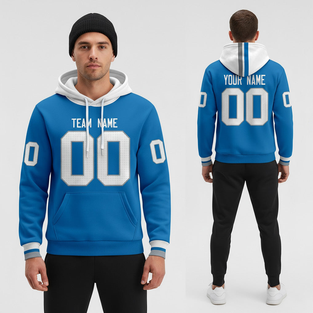 Front and back view of Custom Blue White Pullover Hoodie with Personalized Name and Number – Athletrio