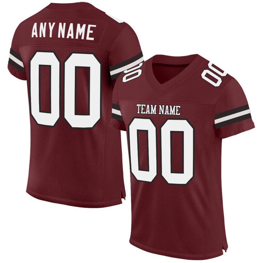 Angled view of Custom Burgundy White-Black Mesh Football Jersey – Designed By Athletrio