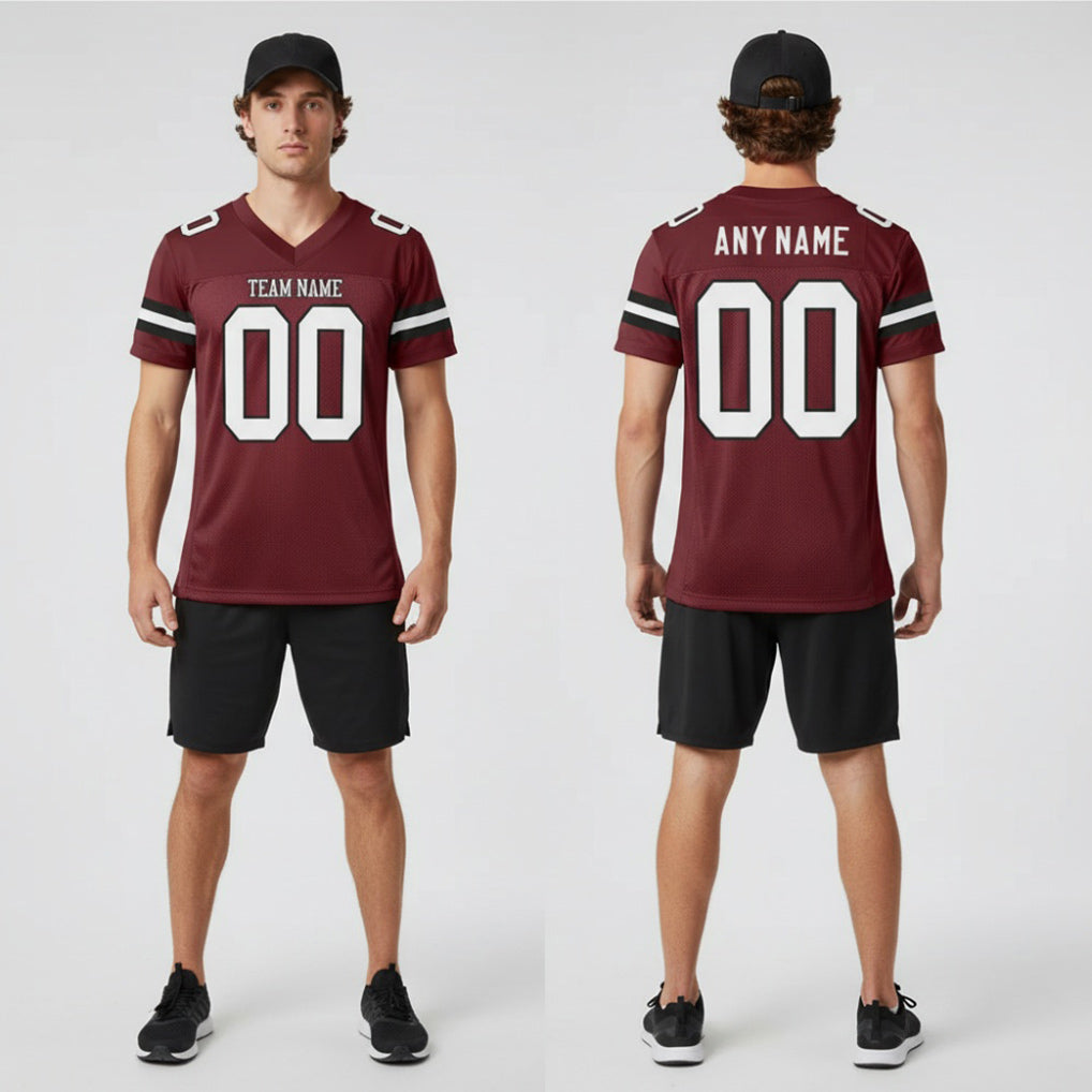 Front and back view of Custom Burgundy White-Black Mesh Football Jersey with Personalized Name and Number – Athletrio