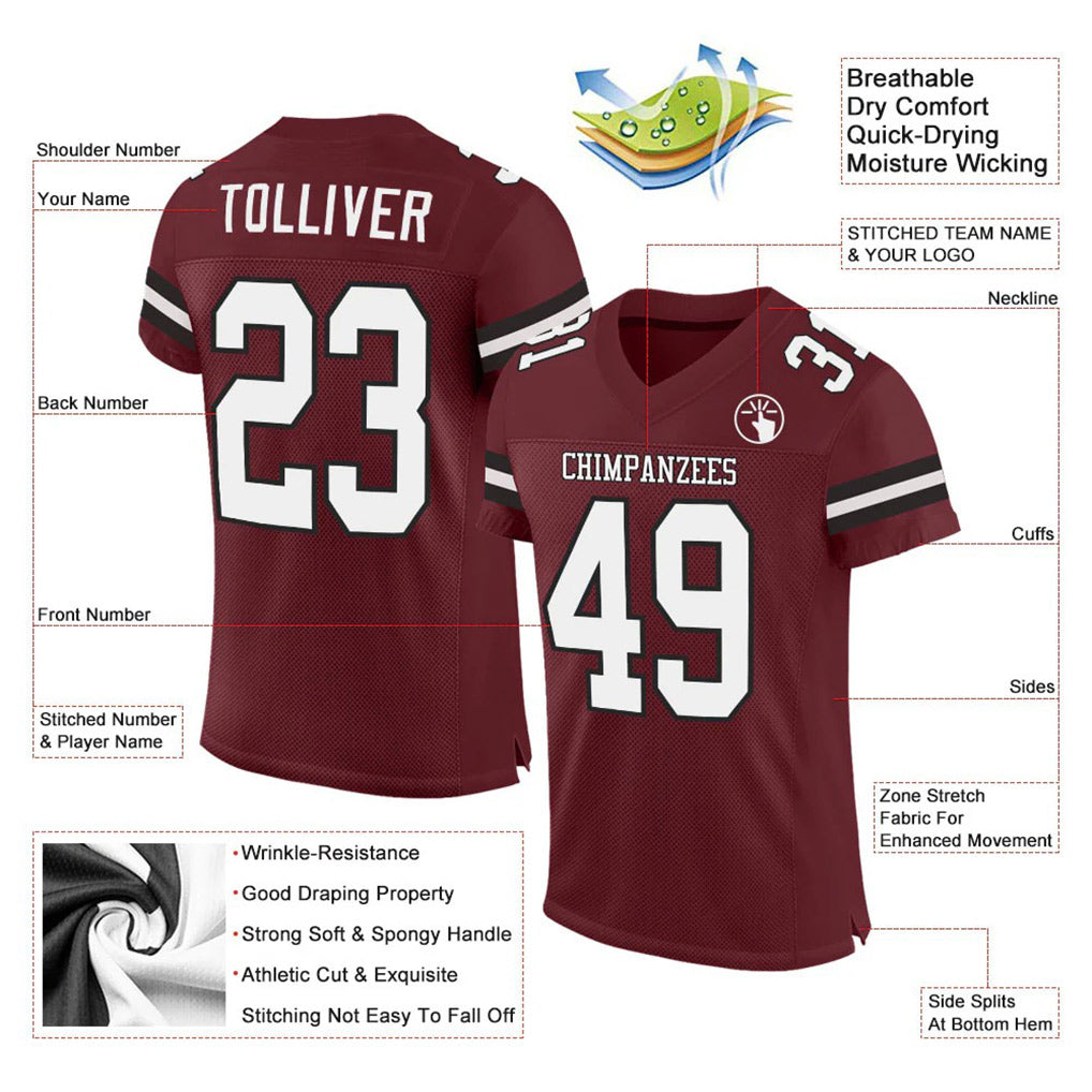 Product details of Custom Burgundy White-Black Mesh Football Jersey showing stitched logos, fabric and customization options By Athletrio