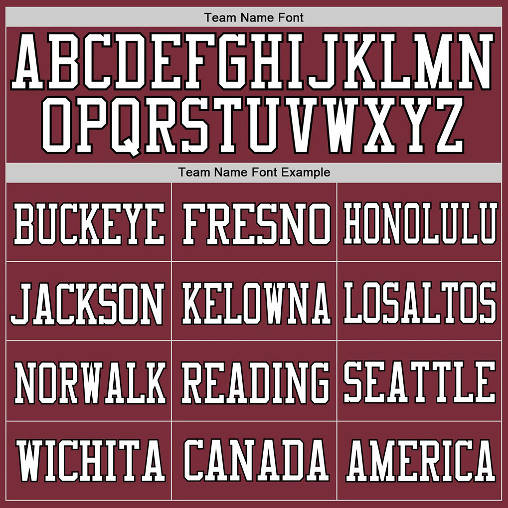Team name font options for Custom Burgundy White-Black Mesh Football Jersey