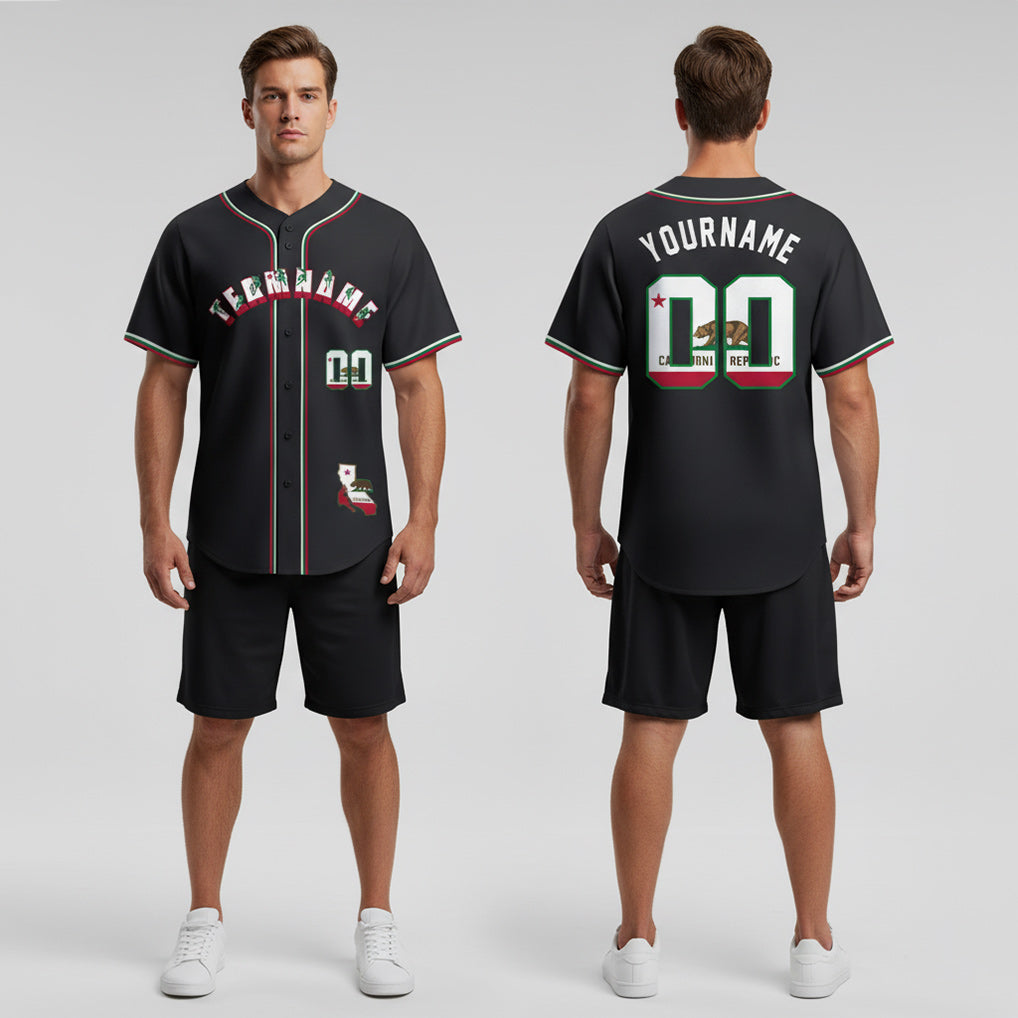 Front and back view of Custom California Rock Climbing Black Baseball Jersey with Personalized Name and Number – Athletrio