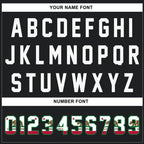 Player name and number font options for Custom California Rock Climbing Black Baseball Jersey