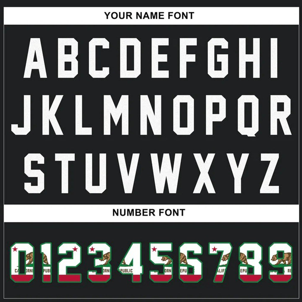 Player name and number font options for Custom California Rock Climbing Black Baseball Jersey