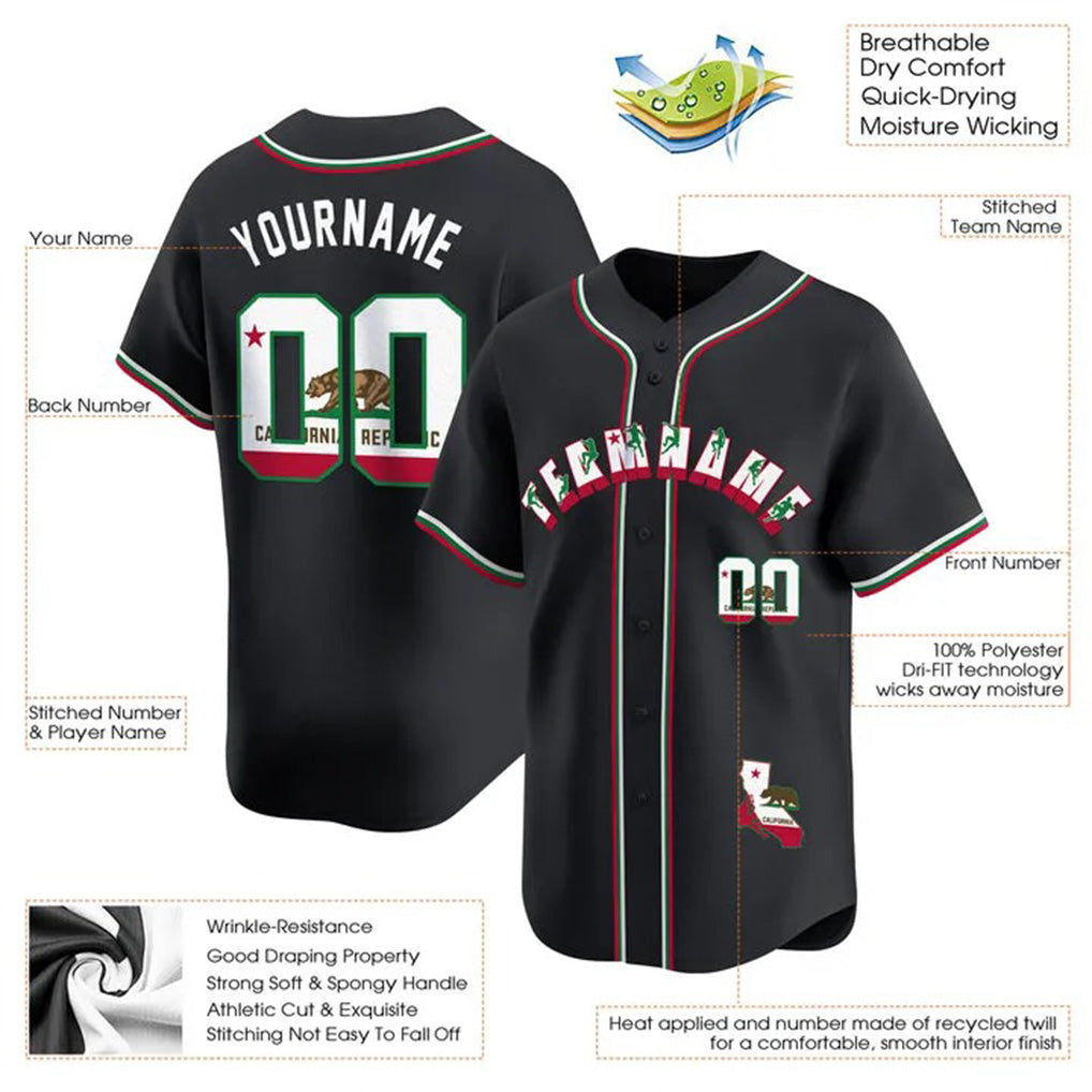 Product details of Custom California Rock Climbing Black Baseball Jersey showing stitched logos, fabric and customization options By Athletrio