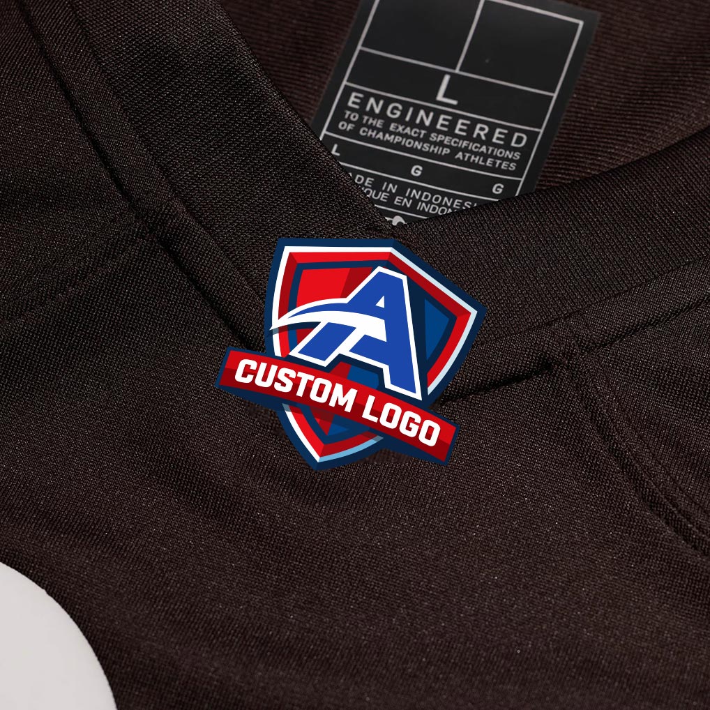 Product details v-neck of Custom Cleveland Brown Football Jersey showing stitched logos, fabric and customization options By Athletrio