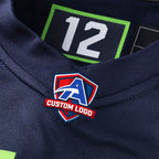 Product details stitched of Custom College Navy Fan Football Jersey showing stitched logos, fabric and customization options By Athletrio