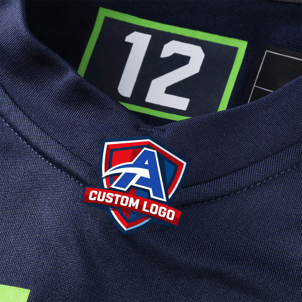 Product details stitched of Custom College Navy Fan Football Jersey showing stitched logos, fabric and customization options By Athletrio