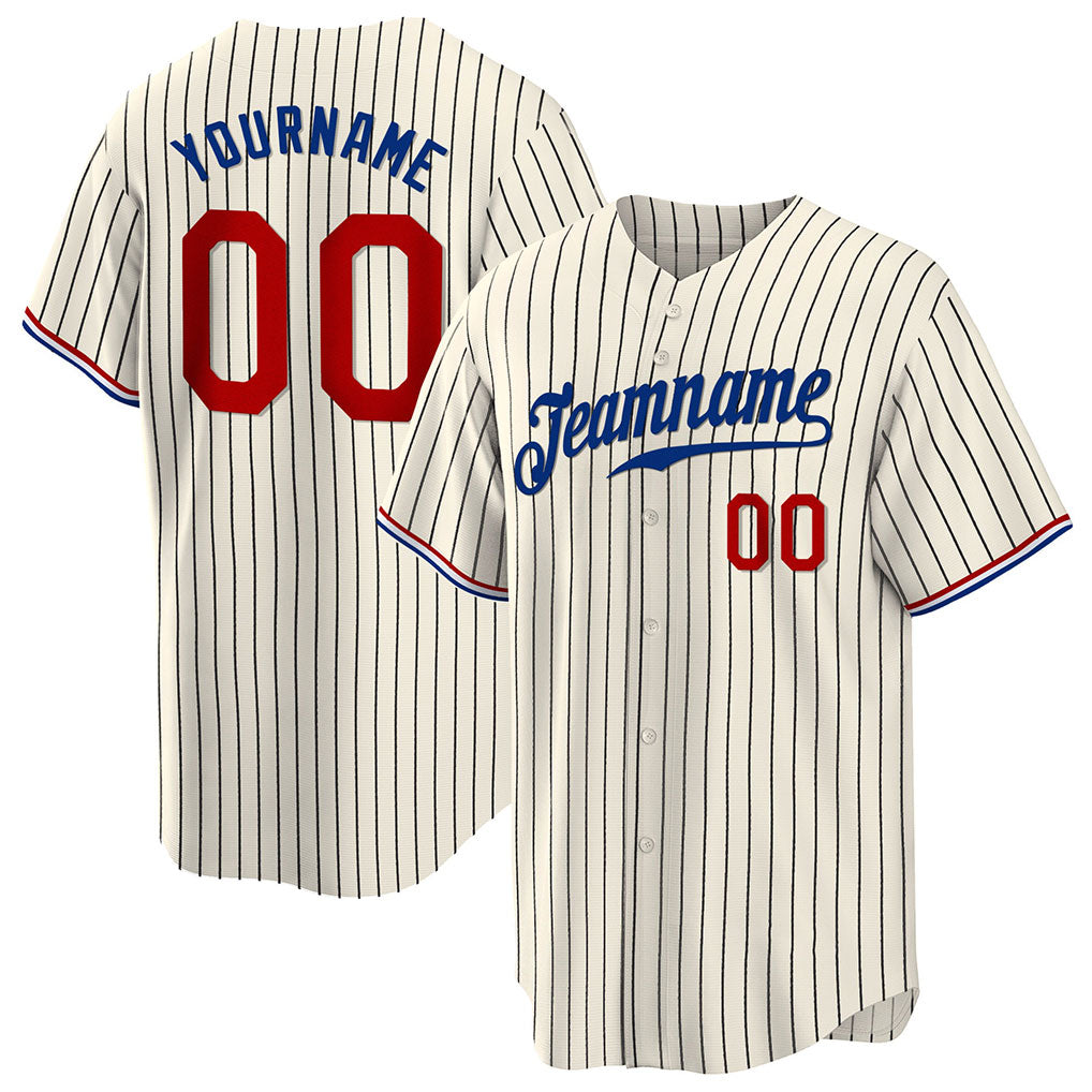 Angled view of Custom Cream Black Pinstripe Baseball Jersey – Designed By Athletrio