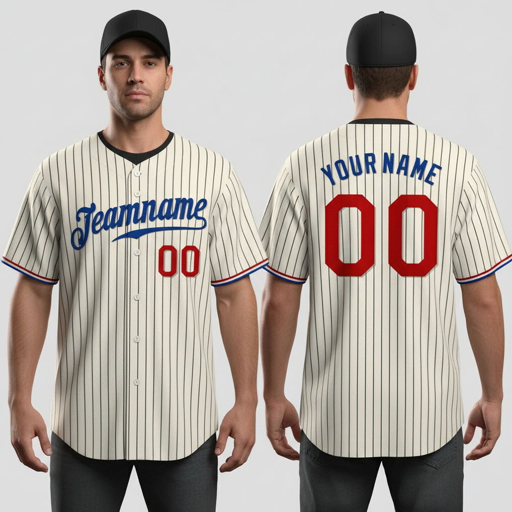 Front and back view of Custom Cream Black Pinstripe Baseball Jersey with Personalized Name and Number – Athletrio