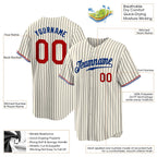 Product details of Custom Cream Black Pinstripe Baseball Jersey showing stitched logos, fabric and customization options By Athletrio