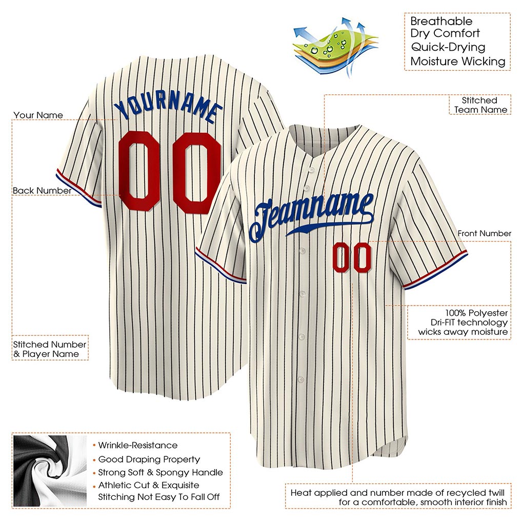 Product details of Custom Cream Black Pinstripe Baseball Jersey showing stitched logos, fabric and customization options By Athletrio